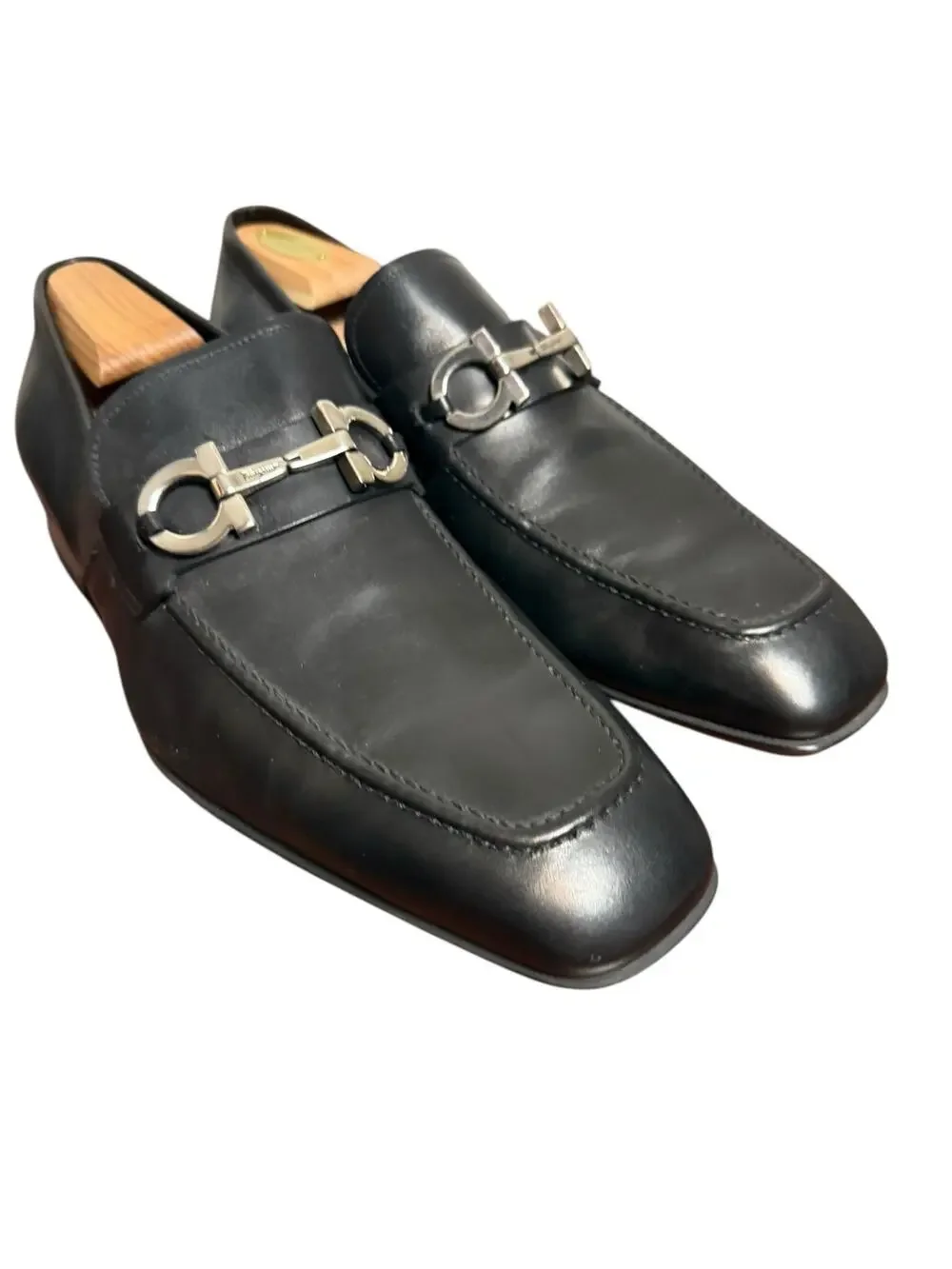 Ferragamo Black Italian Leather Gancini Bit Square Toe Slip On Dress Loafer 10.5